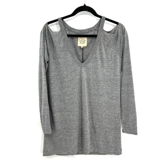 NWT CHASER Heather Gray Jersey Cold Shoulder V-Neck Long Sleeve Shirt Medium - Picture 1 of 3